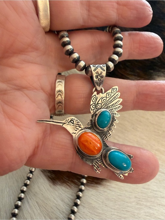 Hand Crafted Jewelry - ❤️ Spiny Oyster & Kingman Turquoise Hand Stamped Sterling Hummingbird Pendant